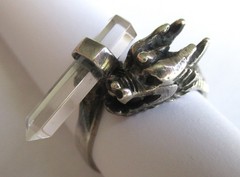 Sz 9.5 VINTAGE STERLING SILVER CLEAR QUARTZ ROCK CRYSTAL WAND DRAGON RING