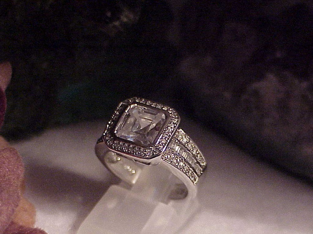 Sterling Silver 4.00ct Princess Solitaire Ring Sz 6 Baguettes Halo CZ 6.8Gr Vtg