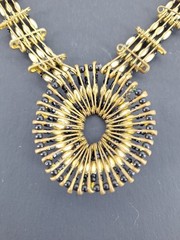 Vintage Safety Pin Medallion Necklace Gold Tone Slip On Bold Statement Runway
