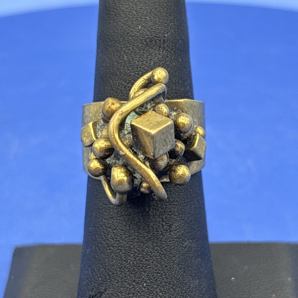 Vintage Brutalist Abstract Ring Brass Tone Modernist Statement Size 6.5