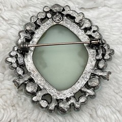 Vintage Blue Cameo Brooch Faux Pearl Rhinestone Silver Tone AS IS 1.75″