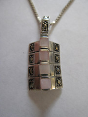 Sterling Silver Pink Mother of Pearl Marcasite Necklace- Pendant on SS Box Chain