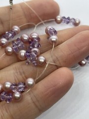 Vintage Sterling Silver Pink Creamy Pearl & Faceted Lilac Crystal Necklace 16”