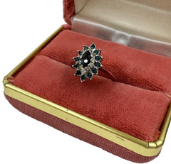 BLUE MARQUISE FAUX SAPPHIRE HALO SETTING SILVER TONE RING SIZE 5.25 UNSIGNED
