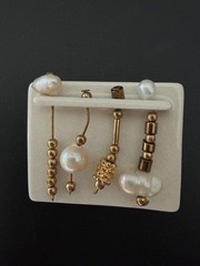 Artisan Ceramic Brooch with Dangling Freshwater Baroque Pearls Gold Beads Vtg