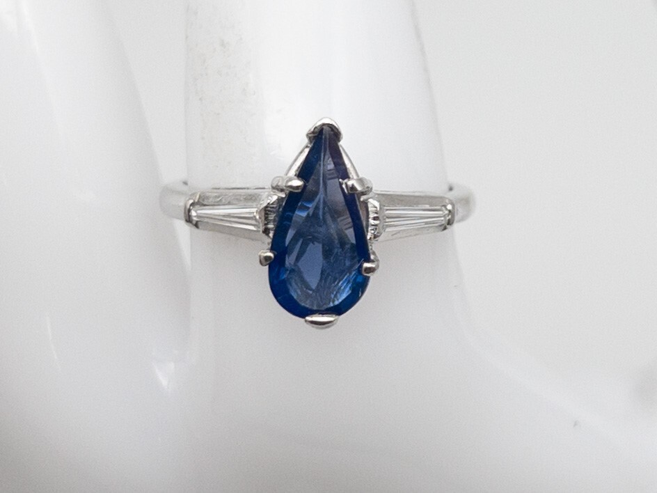 Vintage 1930s HANDMADE $6000 2ct Pear Cut Blue Sapphire Diamond Platinum Ring