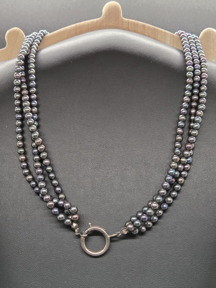 Vtg 3 Strand Purple Dark Grey Opalescent Pearl Necklace Sterling Silver Clasp 24