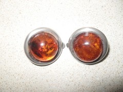 Vtg Sterling Silver 925 Domed Round 7/8″ Diameter Baltic Amber Clip On Earrings