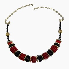 Vintage Artisan Beaded Necklace Chunky Red Black Gold Disc Wood Acrylic Metal