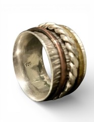 Vtg Modernist 925 Sterling Silver Brass Copper Triple Spinner Band Ring Size 8