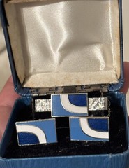 Vtg Matching Tie Bar & Cufflink Set Blue & White Enamel SilverTone W/ Box Retro