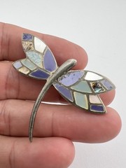 Vintage Sterling Silver Flush Gemstone Inlay Dragonfly Pin Brooch Pendant 2″