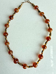 Art Deco Czech Amber Glass Necklace Marbled Beads 12mm 17.75″ Vintage
