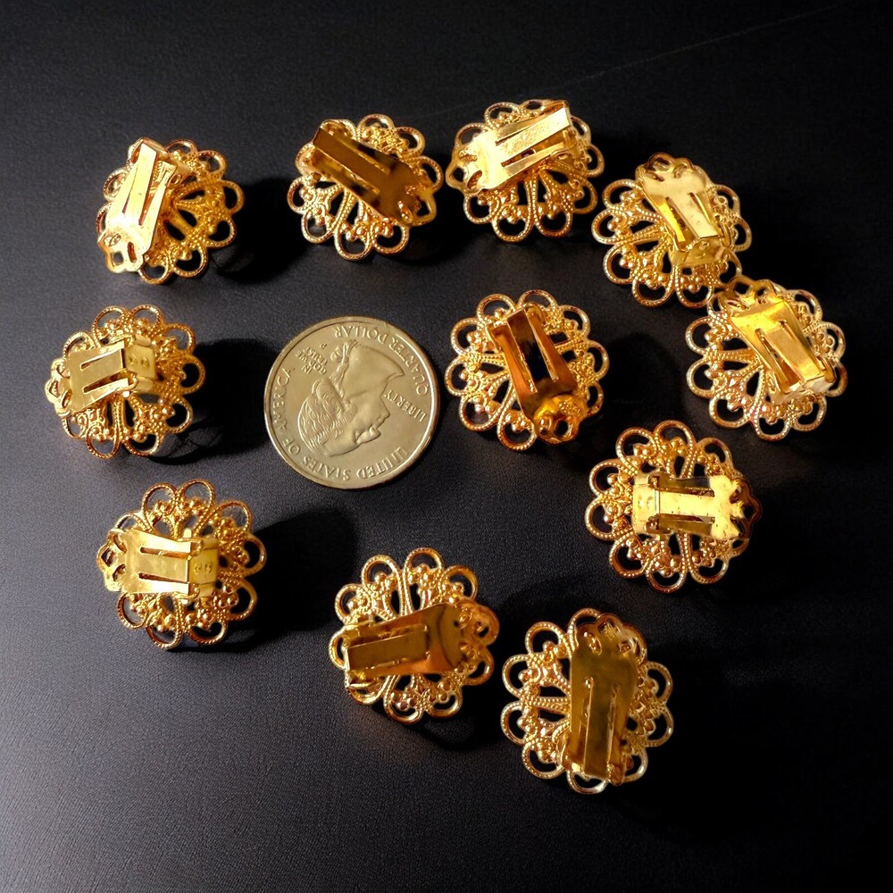 Vintage Clip On Earring Findings Brass Filigree Lot 10 NOS 24mm Guyot Brothers