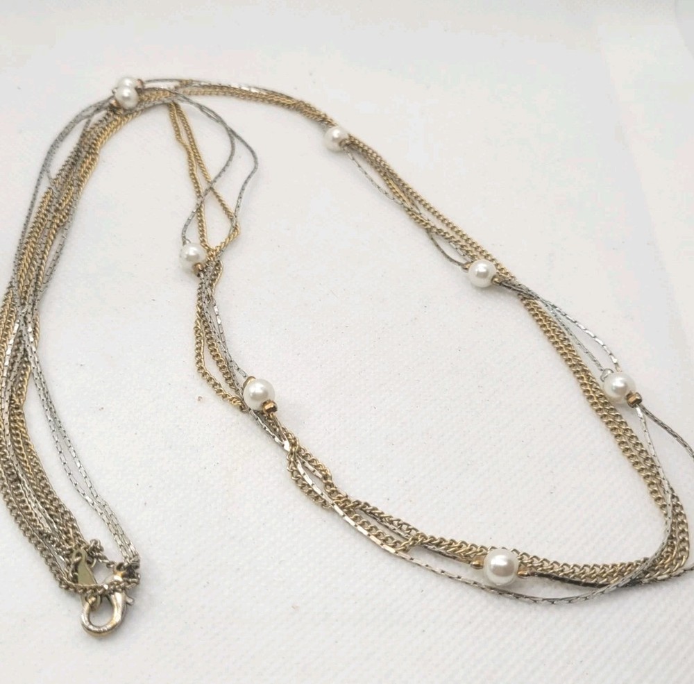 Vintage Long Multi-row Gold And Silver Pearl Imitation Chain Necklace 30in.