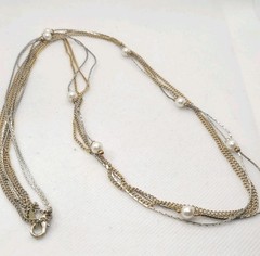 Vintage Long Multi-row Gold And Silver Pearl Imitation Chain Necklace 30in.