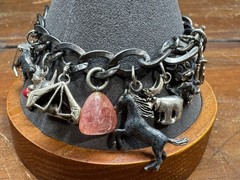 Vintage Sterling Silver Dogs, Horse, Good Luck, Crystal Toggle Charm Bracelet