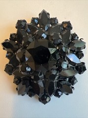Vintage Jet Black Rhinestone Domed Flower Brooch