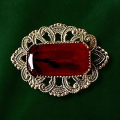 Antique Victorian Brooch Pin Red Glass Silver Tone C Clasp Filigree