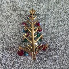 Vintage Hollycraft Christmas Tree Dangle Glass Bead Ornaments Brooch Pin, Signed