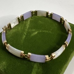 Vintage WJ 10k Yellow Gold Lavender Jade & Mother Of Pearl Asian Bracelet 7.5”