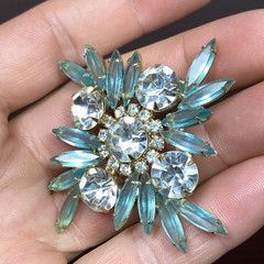 MCM Light Aqua Blue Glass Faceted Prism Rhinestones Pin Brooch 2.5” Goldtone Vtg