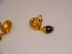 Vintage 1980s 1990s CH Carolina Herrera Gold Tone & Blue Clip On Earrings Marked