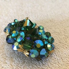 Vintage Brooch AB Crystal / Glass Beads Faceted Heavy Blues & Greens Sparkly