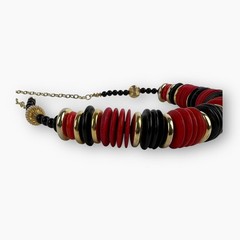 Vintage Artisan Beaded Necklace Chunky Red Black Gold Disc Wood Acrylic Metal