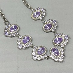 Purple Glass Rhinestone Necklace Silver Tone Links Teardrops Party Glam 20″