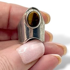 Vintage Sterling Silver Modernist Bezel Set TIGERS EYE Pinkie Ring 4.50 EUC