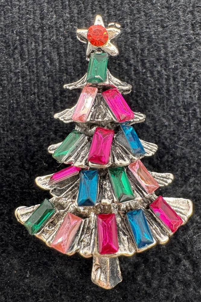 Rhinestone Christmas Tree Brooch Pink Green Blue Retro Holiday Pin