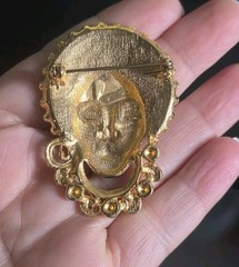 Vintage Gold Tone African Tribal Lady Face Mask Brooch Pin Pendant MCM Costume