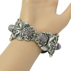 1930’s Wide Mexico City Amethyst Repoussé Sterling Silver Floral Bracelet