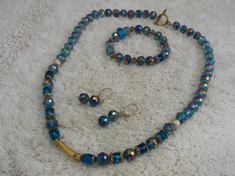 Iridescent Peacock Blue Crystal Bead Necklace + Bracelet + Pierced Earrings (C4)