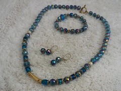 Iridescent Peacock Blue Crystal Bead Necklace + Bracelet + Pierced Earrings (C4)