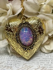 Gold Heart Locket Photo Harlequin Opal New Birthday Anniversary Wedding Necklace