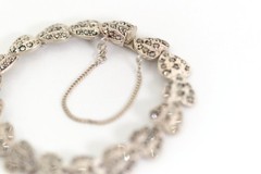Art Deco 925 Sterling Silver Ladies Bracelet Heart Markasite, 18.5 cm