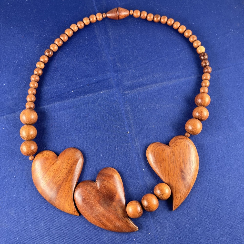 Vintage Wooden 3 Hearts Bead Necklace 24”