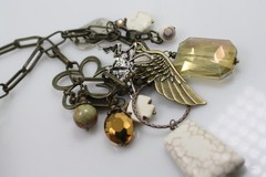 Scooples bronze tone chain links necklace fairy glass/ stone wings charms Love