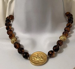 JADED Jewels NY Signed Etruscan Roman Coin Revival Glass Beaded Pendant Necklace