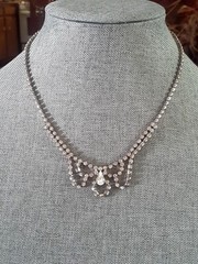 Prong set Clear Rhinestone Scalloped Style Necklace. Glamorous. Wedding 17 In.