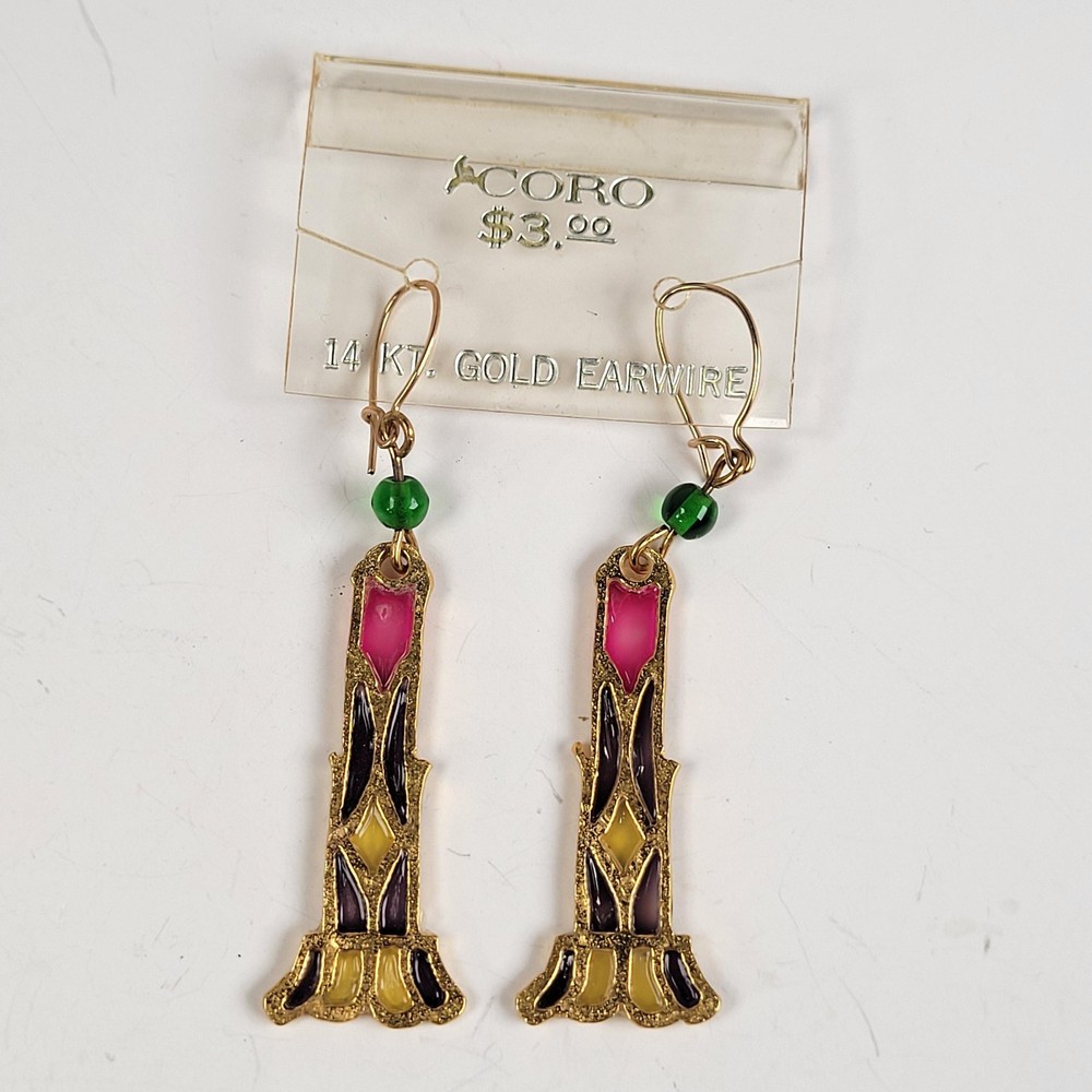 Vintage Coro Dangle Earrings 14K Gold Earwire Stained Glass Lock Colorful NOS
