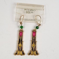 Vintage Coro Dangle Earrings 14K Gold Earwire Stained Glass Lock Colorful NOS