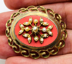 VTG Coro Faux Pearl Salmon Color Enamel Filigree 1950s 1960s Brooch
