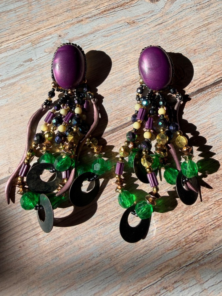VTG Colorful Party Earrings Statement Retro Dangle Beaded Pierced 80s