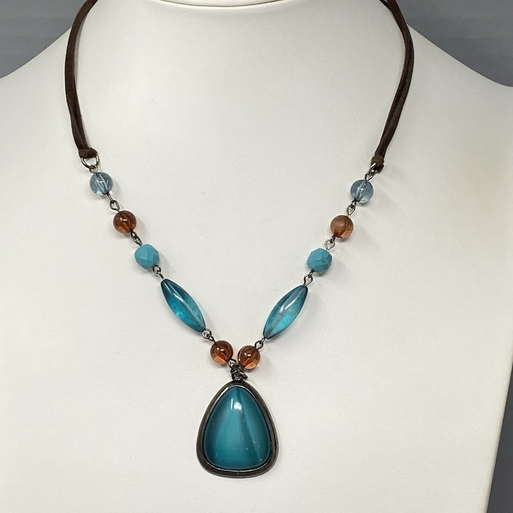 Pendant Necklace Blue Brown Glass Beads Acrylic Teardrop Brown Cord Chain Collar
