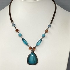 Pendant Necklace Blue Brown Glass Beads Acrylic Teardrop Brown Cord Chain Collar