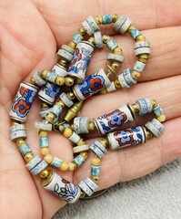 Vintage Porcelain Floral Bead Necklace Mixed Stone Beads Blue White Boho