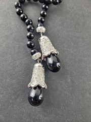 Black Glass Bead Rhinestone Tassel Lariat Necklace +Enhancer Signed Replica 44″